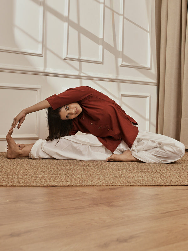 Women's Maroon Cambric Cotton Shirt Style Kurta With White Cambric Dhoti Pants Yoga Set